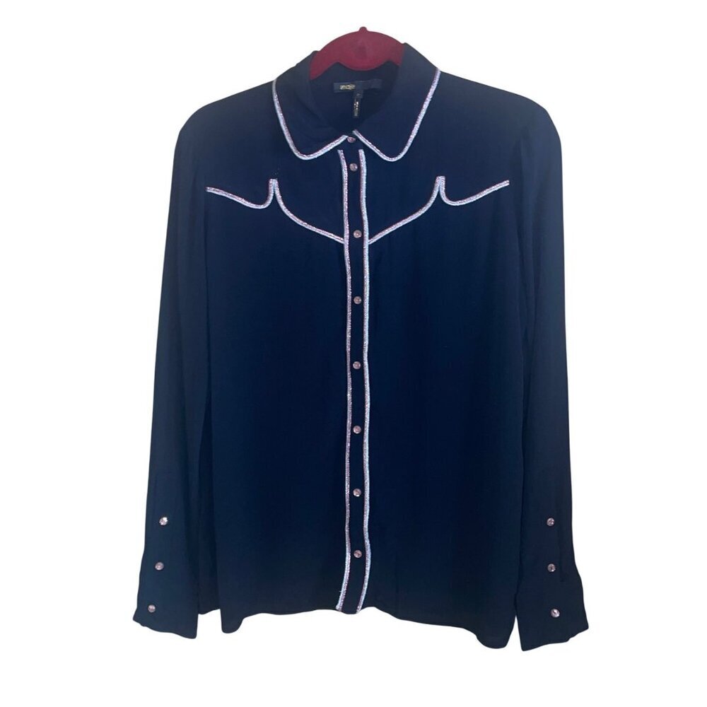 Maje Womens Shirt Size M Black Rhinestone Snap Button Front Western Metallic